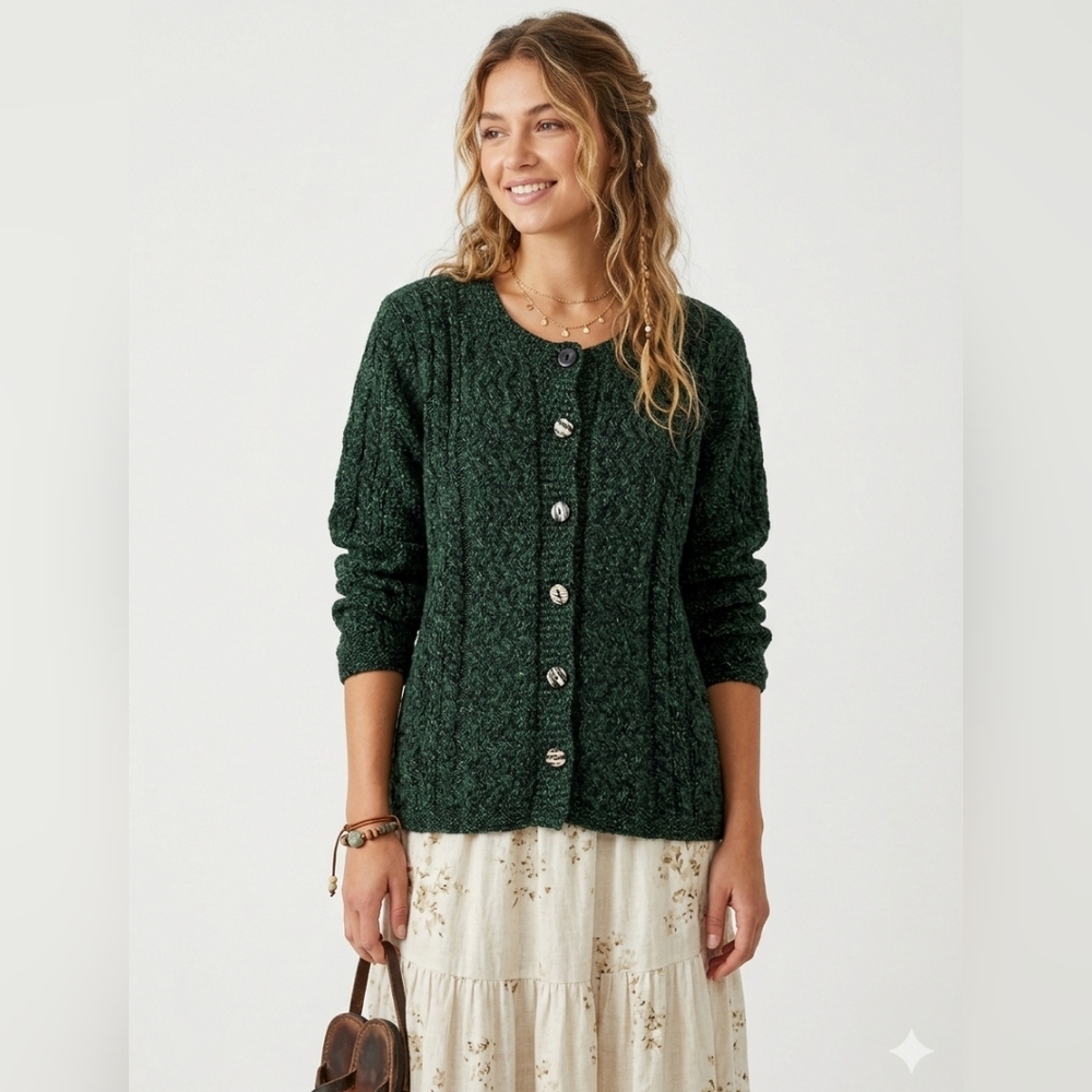 Carraig Donn Womens Wool Cable Knit Cardigan Sweater Marled Green Size M Ireland